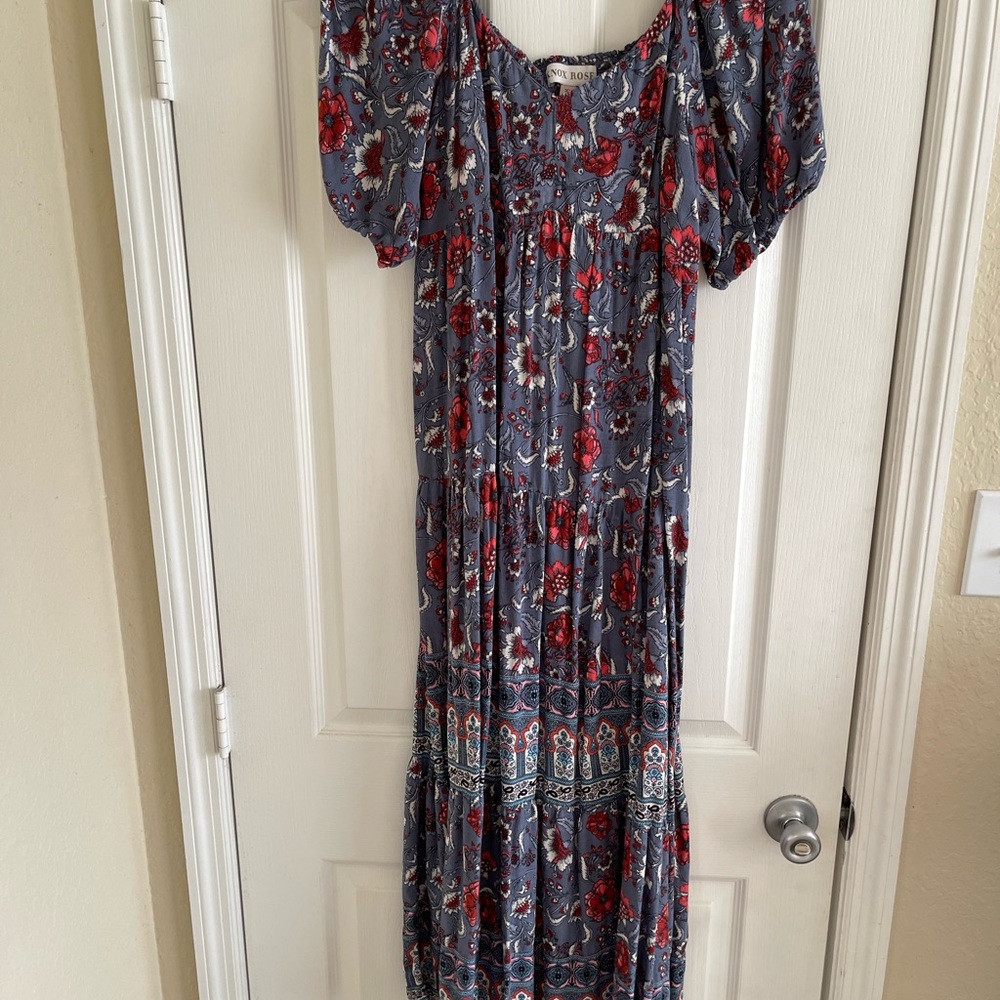 Knox Rose Floral Tiered Maxi Dress in Blue and Red